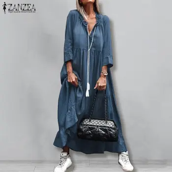 ZANZEA Mode, Denim Blå Sundress AutumnWomen Vintage Flæser Part Vestidos Casual Lange Maxi Kjole Solid Løs Femme Kjoler