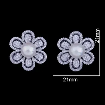 GODKI Berømte Mærke 21mm Blomst Imiteret Perle Fuld Micro Cubic Zirconia Bane Kvinder Brude Engagement Øreringe Smykker Afhængighed