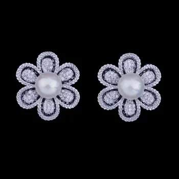 GODKI Berømte Mærke 21mm Blomst Imiteret Perle Fuld Micro Cubic Zirconia Bane Kvinder Brude Engagement Øreringe Smykker Afhængighed