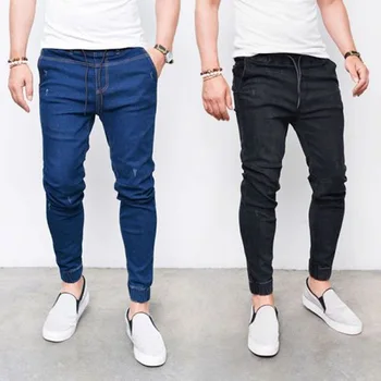 Afslappet Mænd Solid Jeans Slim Fit Fuld Længde Blyant Bukser Plus Size Lys Blå Sort Denim Jeans til Mænd Rippet Mandlige Bukser