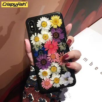 Crispyfish Rigtige Tørrede Blomster Gennemsigtig Soft TPU Silicone Case Til iPhone 7 8 Plus Sort Tilfældet For 6 6s X XR XS MAX Cover