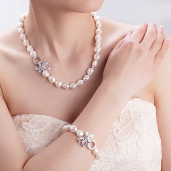 Smuk ægte, naturlig barok-halskæde-armbånd-sæt smykker til kvinder,10-11mm stor størrelse ferskvands perle-sæt