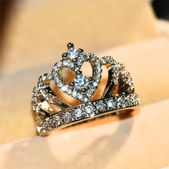 Luksus Kvindelige Stor Dronningens Krone Ring Søde Mode Crystal Zircon Sten Ring Løfte Bryllup Forlovelsesringe For Kvinder