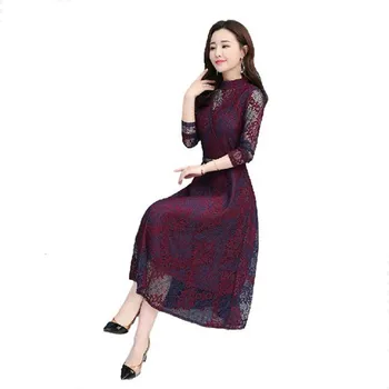 Lace dress 2020 foråret nye mode stand-up krave ensfarvet langærmet slank sexet temperament kjole