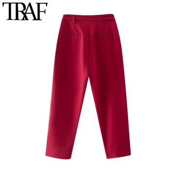 TRAF Kvinder Mode Med Bundet Direkte Rødt Vintage Bukser med Høj Talje, Lynlås Kvindelige Ankel Bukser Mujer