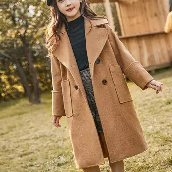 Baby Girls Fashion efteråret vinteren Uldne frakke til teenager Tyk Quiltet lang uld blandinger Pels