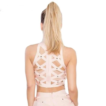 2020 Nye Sommer-Kvinders Pink Sexet Kort Vest Håndlavet Beaded Hule Bandage Shirt Søde Bodycon Part Shirt