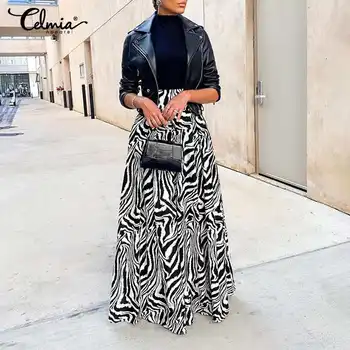Celmia Overdimensionerede Kvinder Maxi Nederdele 2021 Mode Høj Talje A-Line Nederdel Vintage Buttoms Casual Løs Zebra Trykt Part Nederdele