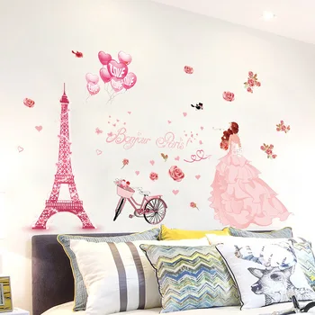 Romantisk Pink Blomst ballon Bryllup Pige er Vild med Wall Stickers Til Piger Værelse Dekoration Hej Paris tower Vægmaleri Pvc Kunst Tapet