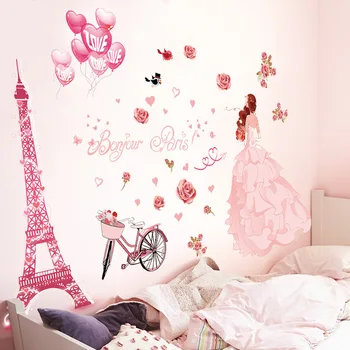 Romantisk Pink Blomst ballon Bryllup Pige er Vild med Wall Stickers Til Piger Værelse Dekoration Hej Paris tower Vægmaleri Pvc Kunst Tapet