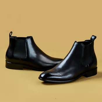 Mænd vinter Støvler i Ægte okselæder chelsea støvler brogue casual ankel flade sko Behagelig kvalitet slipon kjole støvler 2020
