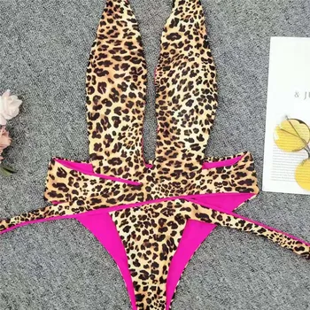 Sexet Leopard Print Badedragt One Piece Bikini badedragt til Kvinde 2020 Badetøj Dyb V Hals Badpak Ryg-Bælte og g-streng Svømme