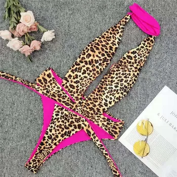 Sexet Leopard Print Badedragt One Piece Bikini badedragt til Kvinde 2020 Badetøj Dyb V Hals Badpak Ryg-Bælte og g-streng Svømme
