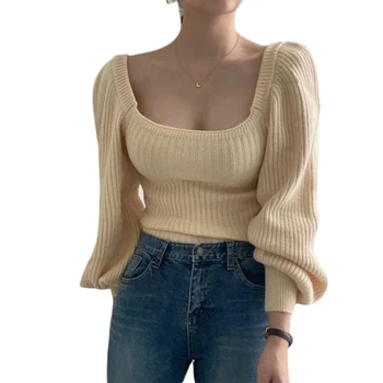 Kvinder Efteråret Vintage Lang Lanterne Ærme Turtleneck Sweater Strikket Pullover Afgrøde Top Solid Farve Casual Løs Jumper