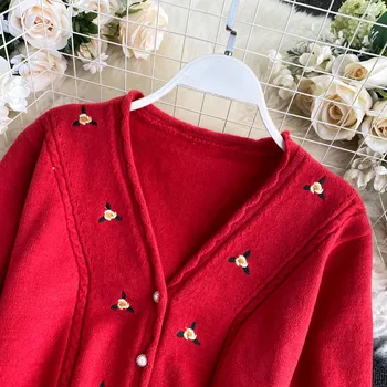 Kvinders Cardigan Sweater 2020 Efteråret Ny koreansk Stil, Elegant Sød Broderet V-Hals Kort Uden Strikket Jakke Overdele