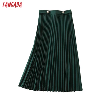 Tangada kvinder grønne plisserede midi-nederdel-knappen dekorere side lynlås kontor damer elegante smarte midten af kalv nederdele QB206