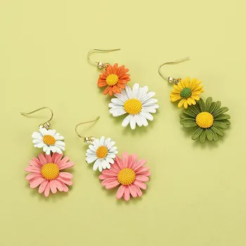 Koreansk Mode Kreative Dobbelt Sun Flower Smykker Øreringe Naturlige Vind Tremella Søde Øreringe Blandet Farve Daisy Kvinder Gaver