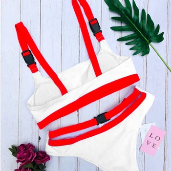 Sexet Hvid/Rød High Cut-Out Biquini Badedragt Kvinder Brazilian Bikini Badetøj Bandage Spænde Svømme Badedragt Drop Shipping