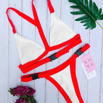 Sexet Hvid/Rød High Cut-Out Biquini Badedragt Kvinder Brazilian Bikini Badetøj Bandage Spænde Svømme Badedragt Drop Shipping