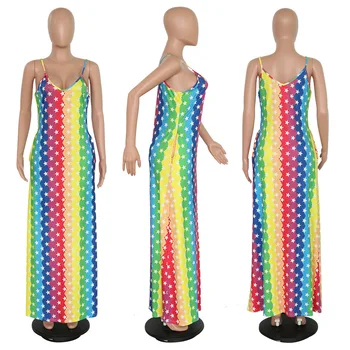 2019 Kvinder summer rainbow tie dye striber stjerne print spaghetti strop ærmeløs beach fashion lange maxi kjole vestidos