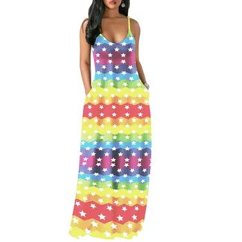 2019 Kvinder summer rainbow tie dye striber stjerne print spaghetti strop ærmeløs beach fashion lange maxi kjole vestidos