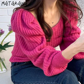 MATAKAWA Slank Talje Puff Ærmer Strikket Sweater Kvinder Smarte Solid Fuld Pullovers-Pladsen Hals Japansk Mode Kvinde Trøjer