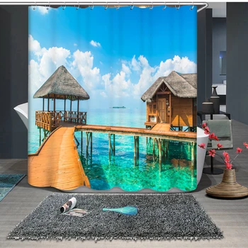 Senisaihon 3D badeforhæng Seaside Sandy Beach Natur Mønster Bad Gardin Vandtæt Stof Badeværelse Gardiner Produkter