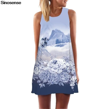 2020 Mode Sommeren Boho Kjole Kvinder Casual Swing T-Shirt Løs Kjole 3D Blomster Trykte Årgang Beach Party Mini Kort Kjole