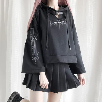 Harajuku Streetwear Overdimensionerede Hættetrøjer Kvinder Punk, Gothic Kawaii Sort Kort Sweatshirts Teen Piger Sjov Grafik Beskæres Pullover