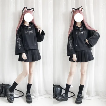 Harajuku Streetwear Overdimensionerede Hættetrøjer Kvinder Punk, Gothic Kawaii Sort Kort Sweatshirts Teen Piger Sjov Grafik Beskæres Pullover