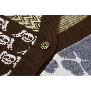 Vintage Strikket Cardigan Sweater Kvinder Patchwork Denim Pels V-Hals Lange Ærmer Strik Casual Løs Outwear Overdele