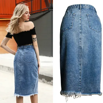 Split Overlappende Uregelmæssige Kvast Denim Nederdele Til Kvinder Sommeren Europa, Amerika High Street Blå Saia Midi Mujer Jeans Jupe Femme