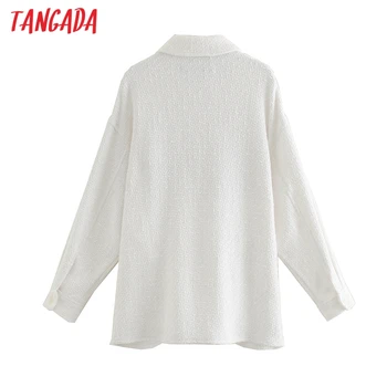 Tangada Kvinder, oversized hvide tweed jakke frakke 2020 efterår og vinter damer langærmet kvindelige løs frakke 3H689