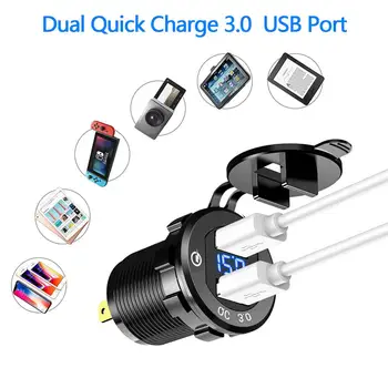Hurtig Opladning 3.0 Dual USB Oplader Stik Vandtæt Aluminium Stikkontakt Hurtig Opladning med LED-Voltmeter til 12V/24V Bil, Båd M