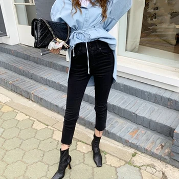 Mozuleva Casual Sort Knap Foran Anklen Tynde Denim Jeans Kvinder 2019 Efteråret Høj Talje Hem Blyant Jeans Damer, Denim Bukser