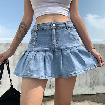 Nye Harajuku Punk Denim Mini-Plisseret Nederdel Damer Sommeren Høj Talje Jeans, Shorts, Nederdele Kvinder Flæser Mode Koreansk