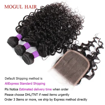 Mogul Hair 3 Bundter med Lukning 200g/sæt Naturlig Sort Vand Bølge Hår Væve 18 tommer Brasilianske Remy Human Hair