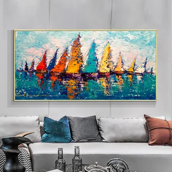 Moderne Sejlbåd Farverige Olie-Maleri, der er Trykt på Lærred Stor Størrelse Nordiske Væggen Billede til stuen Landskab Lærred Maleri