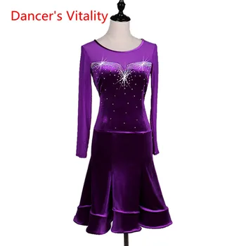 Langærmet dans nederdel pige kjole med høj kvalitet diamond Latin dance kostumer