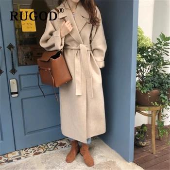RUGOD Vintage solid lang uld frakke 2019 Mode auturm vinter varm Cashmere outwear kvindelige Afslappet tur-down krave løs Outwear