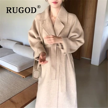 RUGOD Vintage solid lang uld frakke 2019 Mode auturm vinter varm Cashmere outwear kvindelige Afslappet tur-down krave løs Outwear