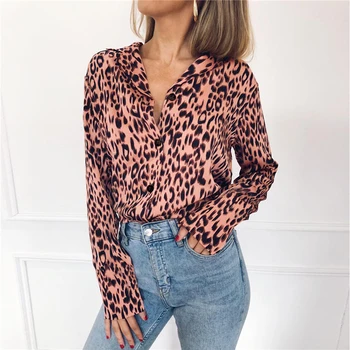 Sexy-V-Hals Leopard Print Dame Chiffon Skjorte Med Lange Ærmer Efteråret Nye Mode Kvinder Bluse 2020