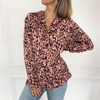 Sexy-V-Hals Leopard Print Dame Chiffon Skjorte Med Lange Ærmer Efteråret Nye Mode Kvinder Bluse 2020