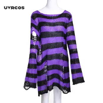 UVRCOS Pullovere Stribede Korte Kvinder Sweater 2020 Casual Strik Streetwear Jumper Grå Sort Gotisk Strikkede Trøjer