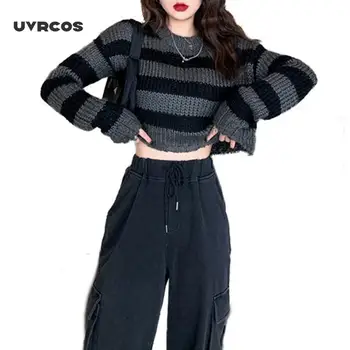 UVRCOS Pullovere Stribede Korte Kvinder Sweater 2020 Casual Strik Streetwear Jumper Grå Sort Gotisk Strikkede Trøjer