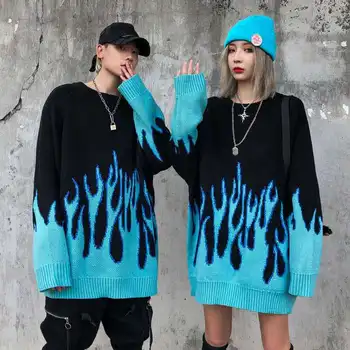 Træk Femme 2020 Vinter Efterår Nye Løs Lange Blå Flamme Sweater Kvinder O-Neck Plus Size Blå Kvindelige Pullover Kvinder Sweater