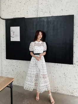Sommeren Vintage White Sort prikkede Blonder Lange Kvinde, er Kjole 2020 Elegante kortærmet A-linie Slank Maxi Kjole