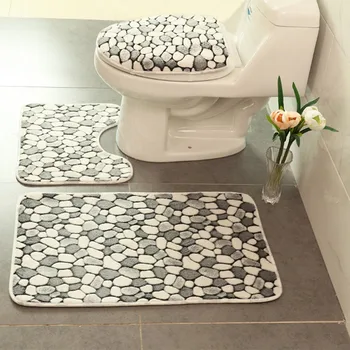 3 stykker/sæt Brosten Mønster Varm, Anti-silp bademåtte Polyester Kontur Tæppe Toilet U-Form Tæppe, Badeværelse Sæt
