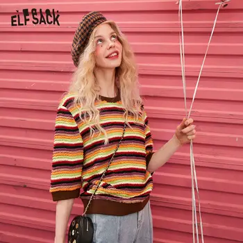 ELFSACK Regnbue Stribet koreanske Strik Pullover Sweater Kvinder Tøj 2020 Foråret Vintage Colorblock Kvindelige Slank Kontor Damer Toppe