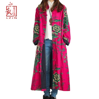 LZJN Foråret Kvinder Trench Coat Blomster Lang Bomuld Duster Pels Vintage Kinesiske Vindjakke Overfrakke
